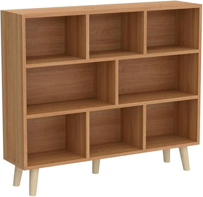 IOTXY Wooden Open Shelf Bookcase - 3-Tier Floor Standing Display Cabinet Rack with Legs, 8 Cubes Bookshelf, Pear Yellow