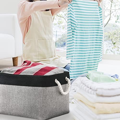 Organization and Storage Bins for Shelves - 16x12x8 inch Large 3 Pack Fabric Storage Cubes Collapsible Baskets for Shelves with Rope, Storage Basket for Organizing Cloth Laundry (Black & Grey)