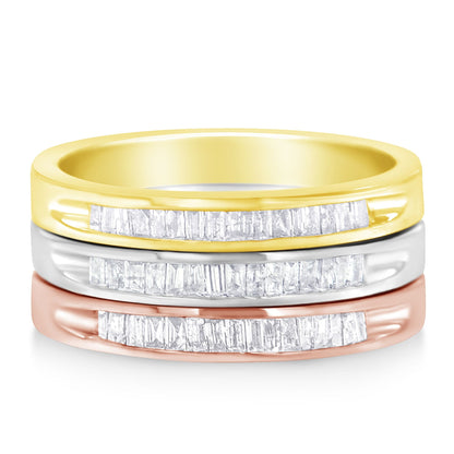 10K Yellow, White and Rose Gold over .925 Sterling Silver 5/8 Cttw Diamond Channel-Set Stackable Band Ring Set (H-I Color, I1-I2 Clarity) - Size 6 3/4