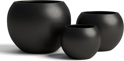 DTY Signature Mount Sherman Lightweight Durable Modern Fiberstone Sphere Planter for Indoor & Outdoor Drainage Hole & Rubber Plug Weather Resistant, 13.5" H x 17" Dia, 12" Opening- Medium, Black