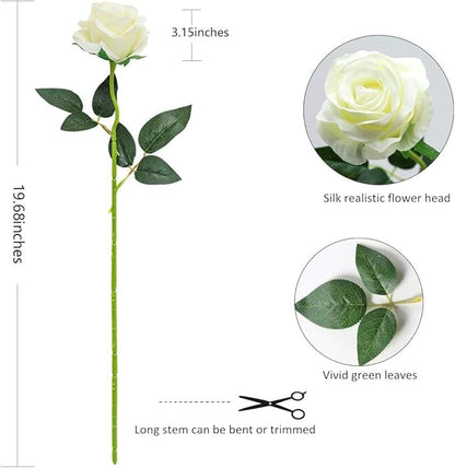 White Fake Roses Artificial Flowers - 10 Pcs Fake Artificial Roses Silk Flowers with Stems for Home Wedding Hotel Office Centerpiece Decor