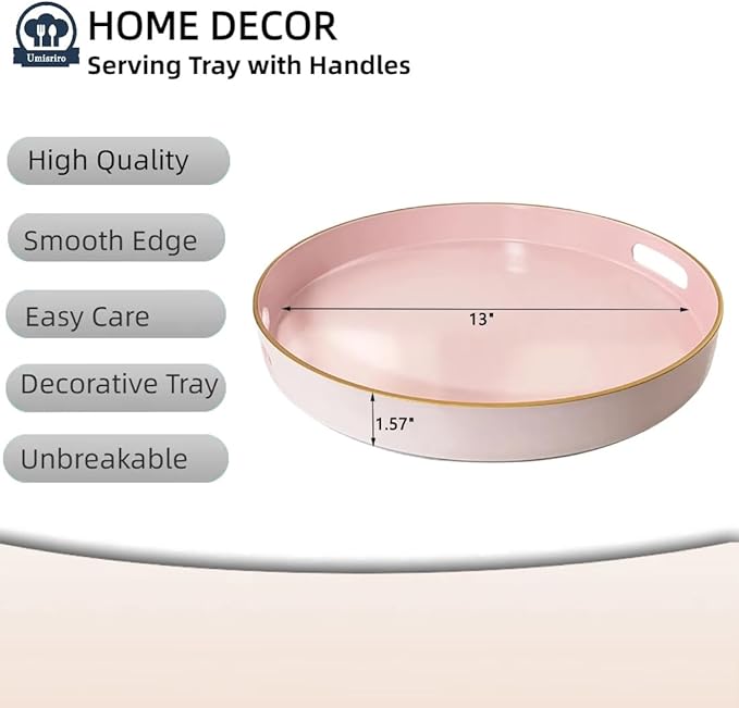 13" Pink Serving Tray with Handles,Round Decorative Tray for Coffee Table, Plastic Modern Coffee Table Tray for Ottoman, Living Room, Bathroom, Décor.