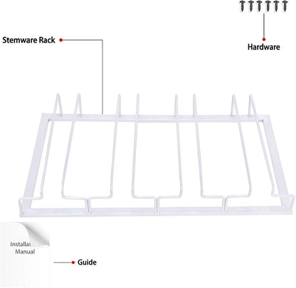 Wine Glass Rack Under Cabinet - Stemware Holder Metal Wine Glass Organizer Glasses Storage Hanger for Bar Kitchen Brown 4 Rows White