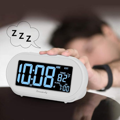 DreamSky Alarm Clocks for Bedrooms, Auto Set Digital Desk Clock for Bedside Nightstand, Electric Clock with Dimmable Brightness Dimmer, Auto DST, USB Port, Date, Temperature, Snooze