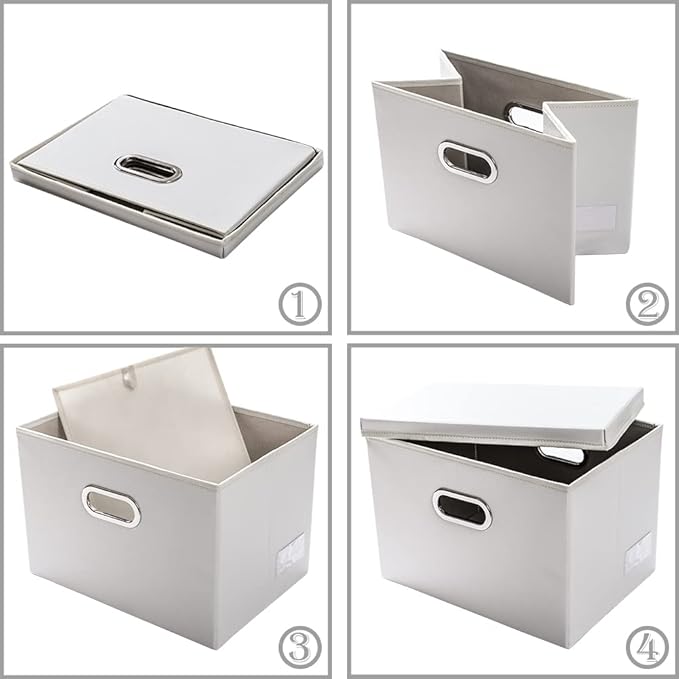 PRANDOM Collapsible Storage Bins with Lids [3-Pack] Leather Fabric Foldable Storage Boxes Organizer Containers Baskets Cube with Cover for Bedroom Closet Office Nursery White (14.9x10.8x10)