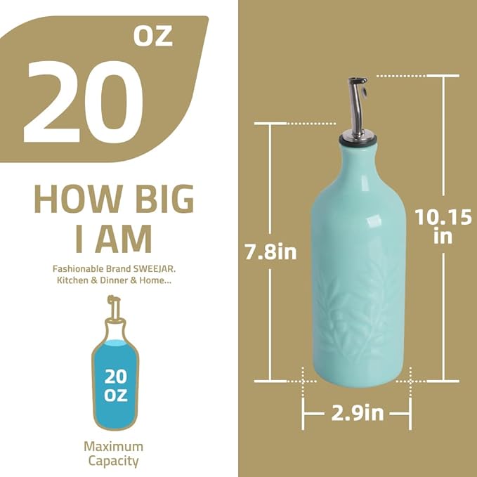 Sweejar Ceramic Olive Oil Dispenser Bottle, 20 Oz Relief Opaque Oil Cruet Protects Oil To Reduce Oxidation, Suitable for Storage Oil, Vinegar, Soy Sauce, Coffee Syrup, Liquids, Set of 1 (Light Blue)