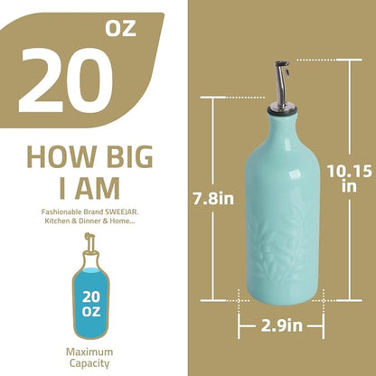 Sweejar Ceramic Olive Oil Dispenser Bottle, 20 Oz Relief Design EVOO Oil and Vinegar Dispensing Bottle with Spout for Kitchen, Set of 1 (Gradient Blue)