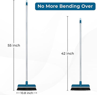 Stiff Bristle Deck Brushes for Scrubbing Heavy Duty with Rubber Scrape Squeegee, 55” Long Handle Scrub Brush for Bathroom Shower Carpet Outdoor Floor Cleaning (Head Size: 10.8”)