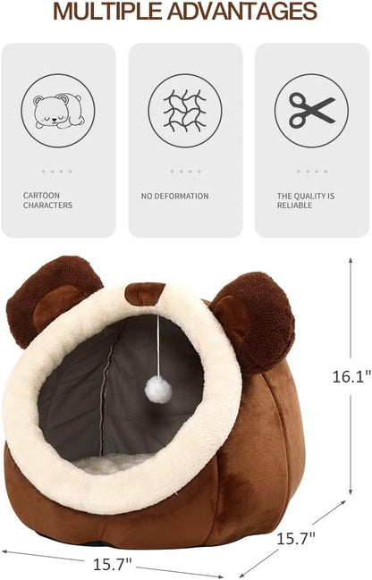 Cat Beds for Indoor Cats - Cat Bed Cave with Removable Washable Cushioned Pillow, Soft Plush Premium Cotton No Deformation Pet Bed, Roomy Bear Cat House Design, Multiple Sizes-L