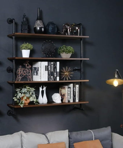 Industrial Pipe Wall Shelves With Real Wood Plank, 48 Inches Floating Shelves for Wall, 4 Tier Farmhouse Book Shelves, Dark Brown for Kitchen, Living Room Decor and Bar