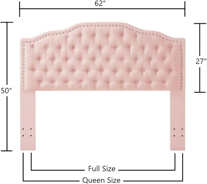 24KF Upholstered Button Tufted Queen Headboard with Nailhead Trim, Elegant Boucle Fabric Full headboard, 6031-Q-Boucle-Pink
