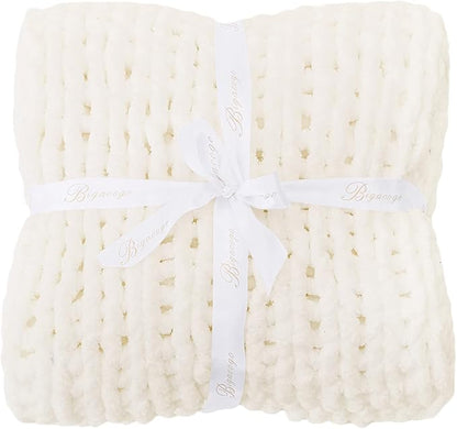 Bigacogo Chunky Knit Throw Blanket for Couch, 40x80 inches, 100% Hand Knitted with Thick Jumbo Chenille Yarn, Cozy Soft Large Rope Knot Cable Crochet Blankets for Sofa Bed Living Room, Ivory
