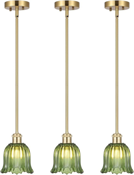 Modern Gold Pendant Light 3 Pack Brushed Brass Mid Century Chandelier Green Glass Shades Adjustable Rods Farmhouse Ceiling Hanging Lighting Fixture Kitchen Island Dining Room Bedroom