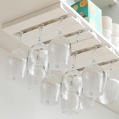 Wine Glass Holder Under Shelf or Cabinet Punch-free,Wine Glass Rack Stemware Rack Glassware Drying Storage Hanger for Kitchen,Bar and Restaurant (White)