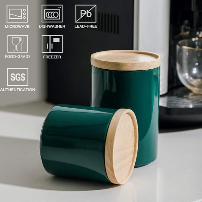 Sweejar Kitchen Canisters Ceramic Food Storage Jar, Stackable Containers with Airtight Seal Wooden Lid for Serving Ground Coffee, Tea, Sugar, Salt and More - 16 Fl Oz (Jade)