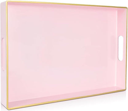 Large Pink Rectangular Decorative Tray – Plastic Serving Tray with Handles for Coffee Table, Ottoman, Living Room, 15.7” x 11.8” x 1.6