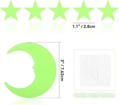 100 Stars and 1 Moon Glow in The Dark Luminous Fluorescent 3D Plastic Glow Stars Moon for Ceiling, Glowing Wall Stickers Create a Realistic Starry Sky, Room Decorations (Green)