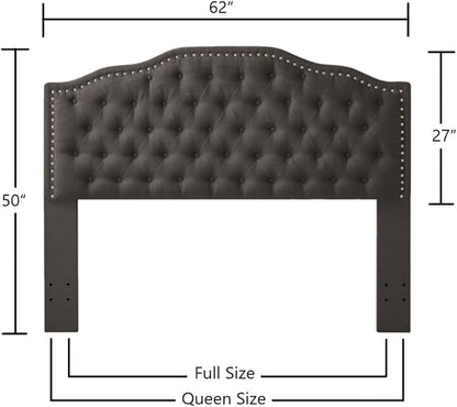 24KF Upholstered Button Tufted Queen Headboard with Nailhead Trim, Elegant Boucle Fabric Full headboard, 6031-Q-Boucle-Dark Gray