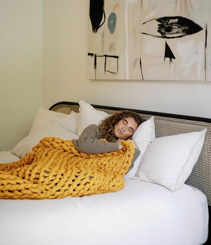 Nuzzie Chunky Knit Weighted Blanket - Breathable, Cooling, Hand Made Knit Throw Blanket for Sleep - Machine Washable, Stylish Decor Design (Marigold, Queen | 28lbs | 80"x80")