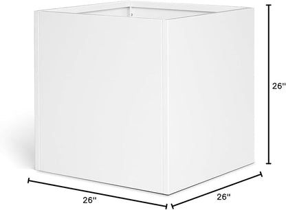 White Steel Planter Square Outdoor Planters Galvanized Steel Planter Box Indoor Metal Large Planters Cube Heavy Duty Flower Pot 26 Inch Modern Commercial Residential for Trees Patio Deck Yard Garden