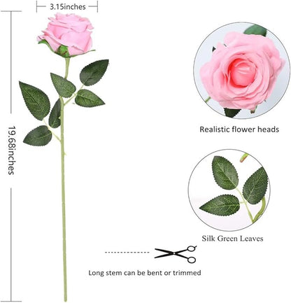 Pink Fake Roses Artificial Flowers - 10 Pcs Fake Artificial Roses Silk Flowers with Stems for Home Wedding Hotel Office Centerpiece Decor
