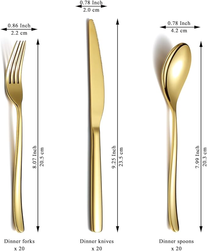 Berglander Gold Wedding Silverware Set 60pcs Service for 20, Titanium Plating Stainless Steel Flatware Set, Gold Spoons Forks Knives Set for Home, Wedding, Restaurant, Dishwasher Safe