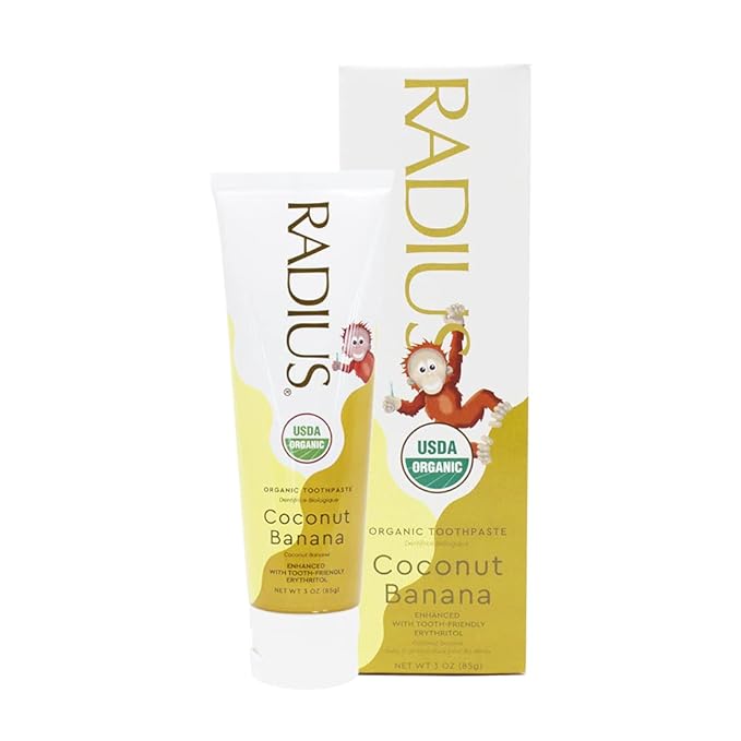 RADIUS USDA Organic Kids Toothpaste 3oz Non Toxic Chemical-Free Gluten-Free Designed to Improve Gum Health for Children's 6 Months and Up - Coconut Banana - Pack of 6