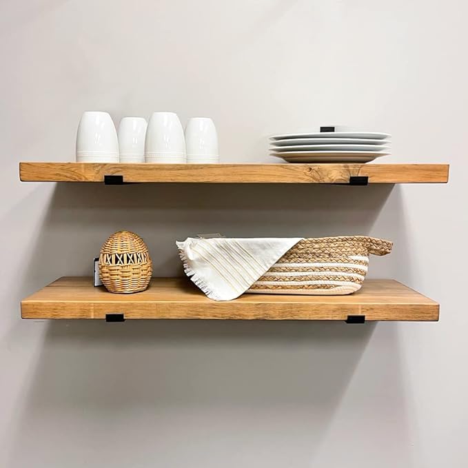 Rustic Shelves with J-Brackets Set of 2, Industrial Shelf, Kitchen Shelves, Solid Wood, Decorative Wall Storage, Heavy Duty, URBANDI (Brown, 48Wx6D)