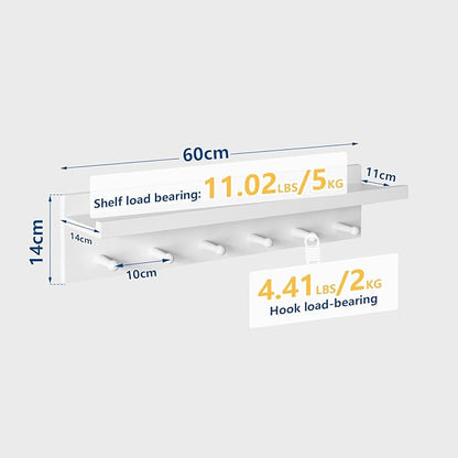 Wood Coat Hook with Wall-Mounted Shelf,23.62in Entryway Wall Hanging Shelf,for Bathroom, Kitchen,Coat Towel Key Organizer White YD-WS0260W