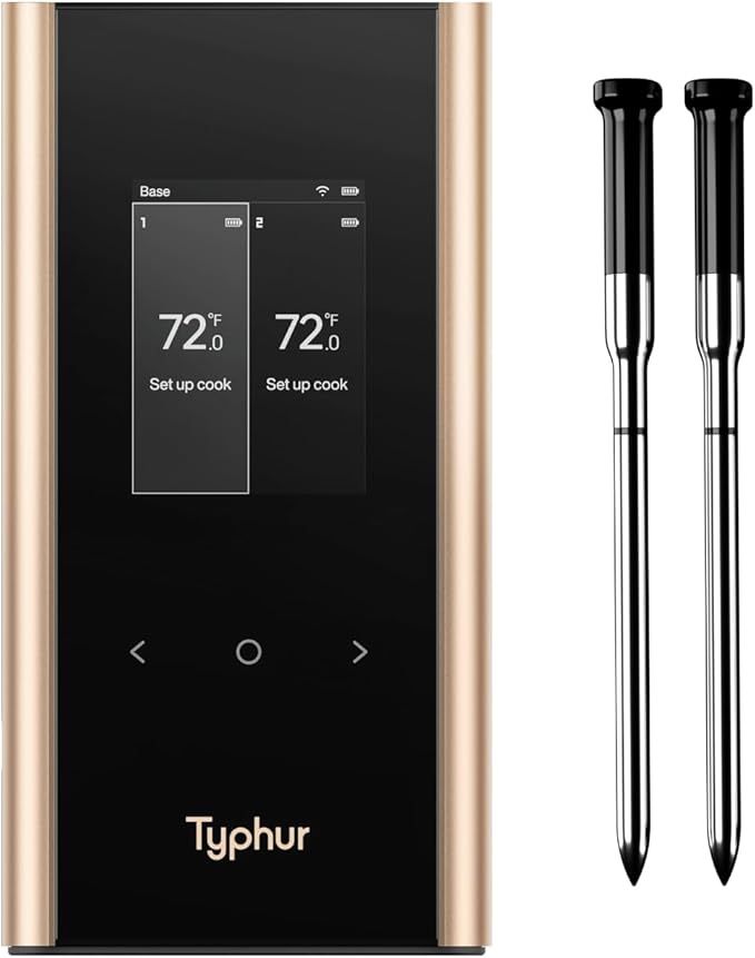 Sync Gold Wireless WiFi Meat Thermometer, 2 Slim Probes, 6 Sensors, 10x Stronger Signal, ±0.5℉ Accuracy, Smart Base Direct Setup, Reliable Reading Through Kamado Grill, BBQ, Oven, Smoker, Air Fryer