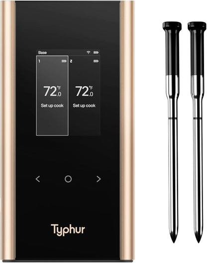 Sync Gold Wireless WiFi Meat Thermometer, 2 Slim Probes, 6 Sensors, 10x Stronger Signal, ±0.5℉ Accuracy, Smart Base Direct Setup, Reliable Reading Through Kamado Grill, BBQ, Oven, Smoker, Air Fryer
