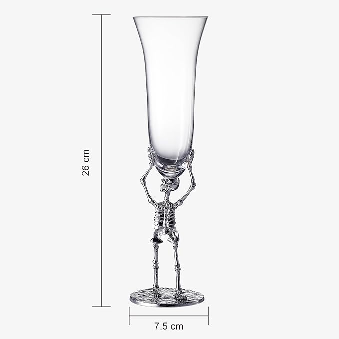 Stemmed Skeleton Champagne Flute Glasses Set of 2 | Gothic Halloween Drinkware | 7.5oz 10" Tall Skeleton Goblets for Haunted Parties, Spooky Wine Glass Set, Gothic Skeleton Decor & Unique Gift Idea