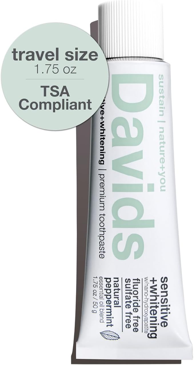Davids Hydroxi Fluoride Free Nano Hydroxyapatite Toothpaste for Remineralizing Enamel & Sensitive Relief, Whitening, Antiplaque, SLS Free, Natural Peppermint, Made in USA, 1.75oz (Travel Size)