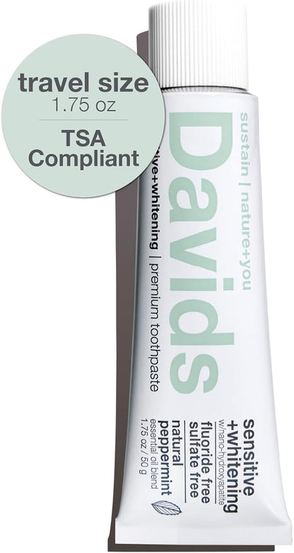 Davids Hydroxi Fluoride Free Nano Hydroxyapatite Toothpaste for Remineralizing Enamel & Sensitive Relief, Whitening, Antiplaque, SLS Free, Natural Peppermint, Made in USA, 1.75oz (Travel Size)