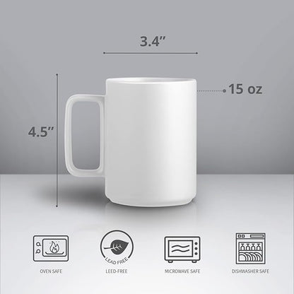 E-liu Porcelain Tea Mugs Coffee Mug Set, Large 15 Ounces Cups for Coffee, Tea, Cocoa, and Mulled Drinks, Set of 6, White