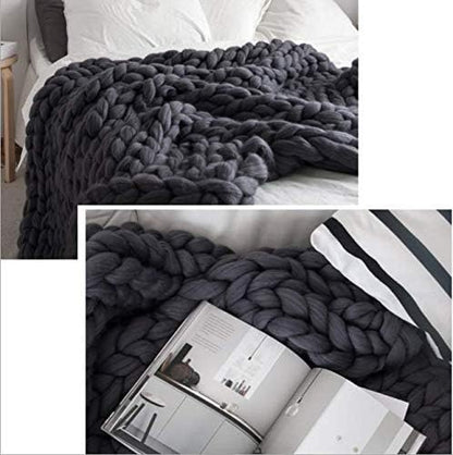 Chunky Knit Throw Bulky Merino Sofa Blanket Hand-Made Super Large Chair Mat Rug(Dark Gray 40"x60")