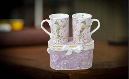 Lightahead Elegant Bone China Two Coffee Mugs Set in Bird Design 10.8 oz Each Cup in Attractive Gift Box