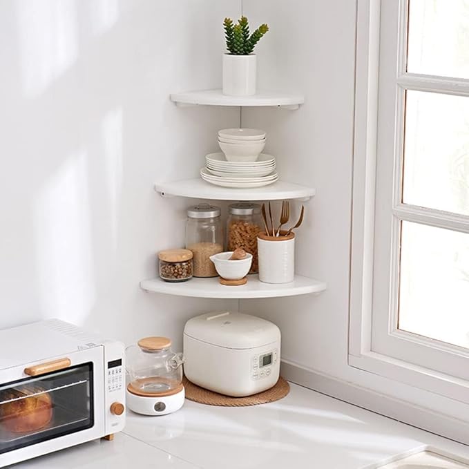 Corner Shelf, White Solid Oak Wood Floating Corner Shelves Wall Mount Round End Floating Speaker Rack Display Shelf for Small Plant Photo Frame (White, 7in)