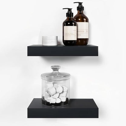 Homeforia Floating Shelf Black 12 inch, High End Solid Real Wood Small 12inch Floating Shelves for Wall Mounted, Black Wooden 12 in Floating Shelves, Heavy Duty Bracket, 12 X 6.5 X 1.75 inch, Set of 3