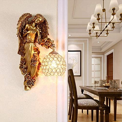 LITFAD Angel Wall Lamp Antique Spherical Sconce Light Decorated Bedside Lamp Clear Crystal 1 Light in Gold LED Wall Light for Bedroom Living Room Hotel - Right