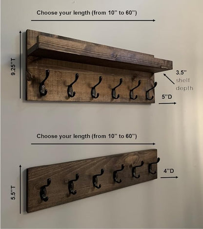 Coat Rack with Shelf Wall Mounted with Storage (Choose Your Length) Towel Rack Entryway Organizer Key Hooks (16" L (4 Hooks) Set of 2)