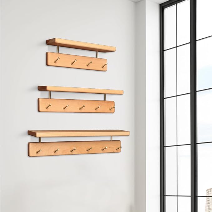 Shelf with Hooks, Solid Wood Bedroom Shelves for Wall, Wooden Coat Rack Wall Mount for Bathroom, Kitchen, Door Entryway (Beech, 30cm/11.81inch)