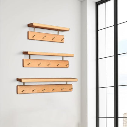 Shelf with Hooks, Solid Wood Bedroom Shelves for Wall, Wooden Coat Rack Wall Mount for Bathroom, Kitchen, Door Entryway (Beech, 30cm/11.81inch)