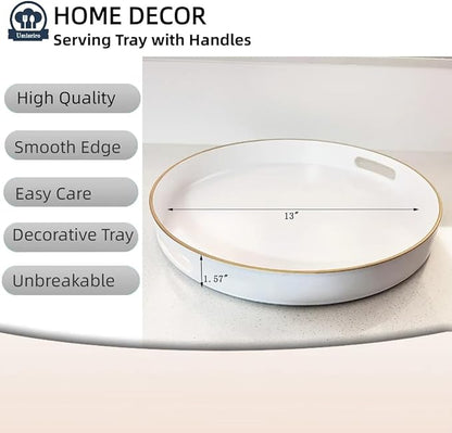 13" Round Decorative Tray, White Serving Tray with Handles, Plastic Coffee Table Tray for Ottoman, Living Room, Bathroom, Décor.