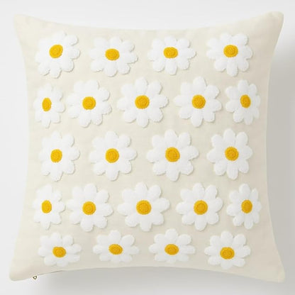 katre home madame & textile Throw Pillow Cover – Handcrafted Daisy Design on Natural Cotton – 18x18 inch – Decorative Punch Needle Cushion Cover – Boho Floral Accent Pillowcase