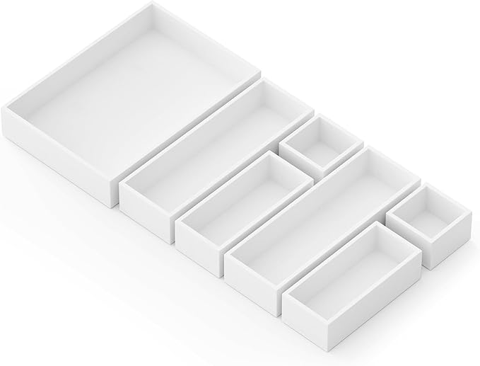 SpaceAid 7-Piece Bamboo Drawer Organizer Storage Boxes Set, Wood Tray Junk Drawer Organizers Multi-Use Divider Bins for Kitchen, Bathroom, Office Desk and Makeup Organization (7 Pack, White)