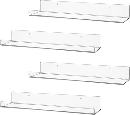 4 Pack Clear Acrylic Floating Shelves for Wall, 15'' Plastic Wall Mounted Display Shelf Kids Bookshelf and Spice Organizer for Bedroom, Living Room, Kitchen, Bathroom, Office