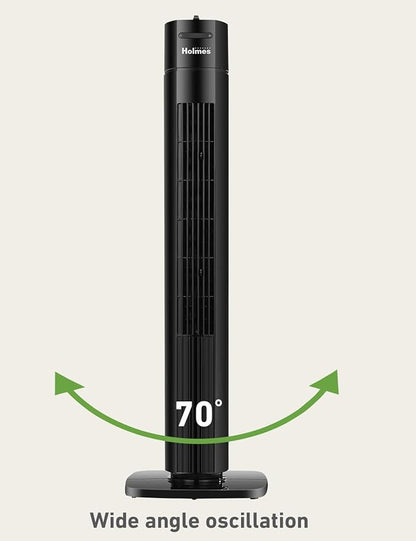 Holmes 31" Manual Tower Fan, 70° Oscillation, 3 Speeds, 2-Hour Auto Shut-Off Timer, Adjustable Vents, Compact and Slim Profile, Carry Handle, Ideal for Cooling your Home, Bedroom or Office, Black