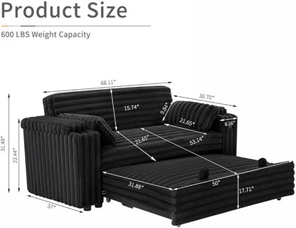 68.11" Corduroy Convertible Sofa Bed with USB Charging Port, Foldable Sleeper Chair with Pillows & Armrests, 3-in-1 Floor Couch for Living Room, Bedroom, Guest Room – Black
