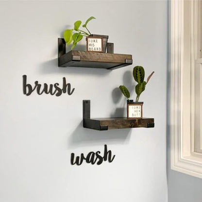 Rustic Shelves with J-Brackets Set of 2, Industrial Shelf, Kitchen Shelves, Solid Wood, Decorative Wall Storage, Heavy Duty, URBANDI (Dark Brown, 12Wx6D)